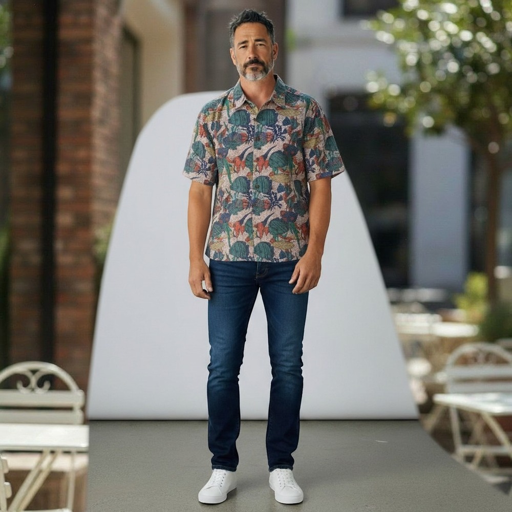 Bimini Bay Outfitters Button Up Collared Shirt Allover Abstract Tropical Print X